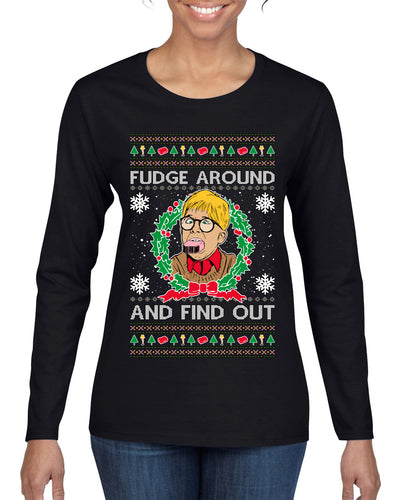 Fudge Around And Find Out Story Ugly Christmas Sweater Womens Graphic Long Sleeve T-Shirt