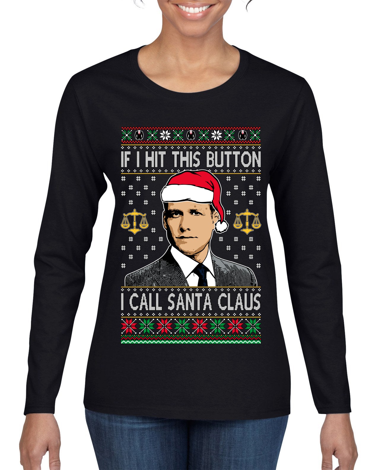 Harvey Hit This Button I Call Santa Specter TV Show Parody Ugly Christmas Sweater Womens Graphic Long Sleeve T-Shirt