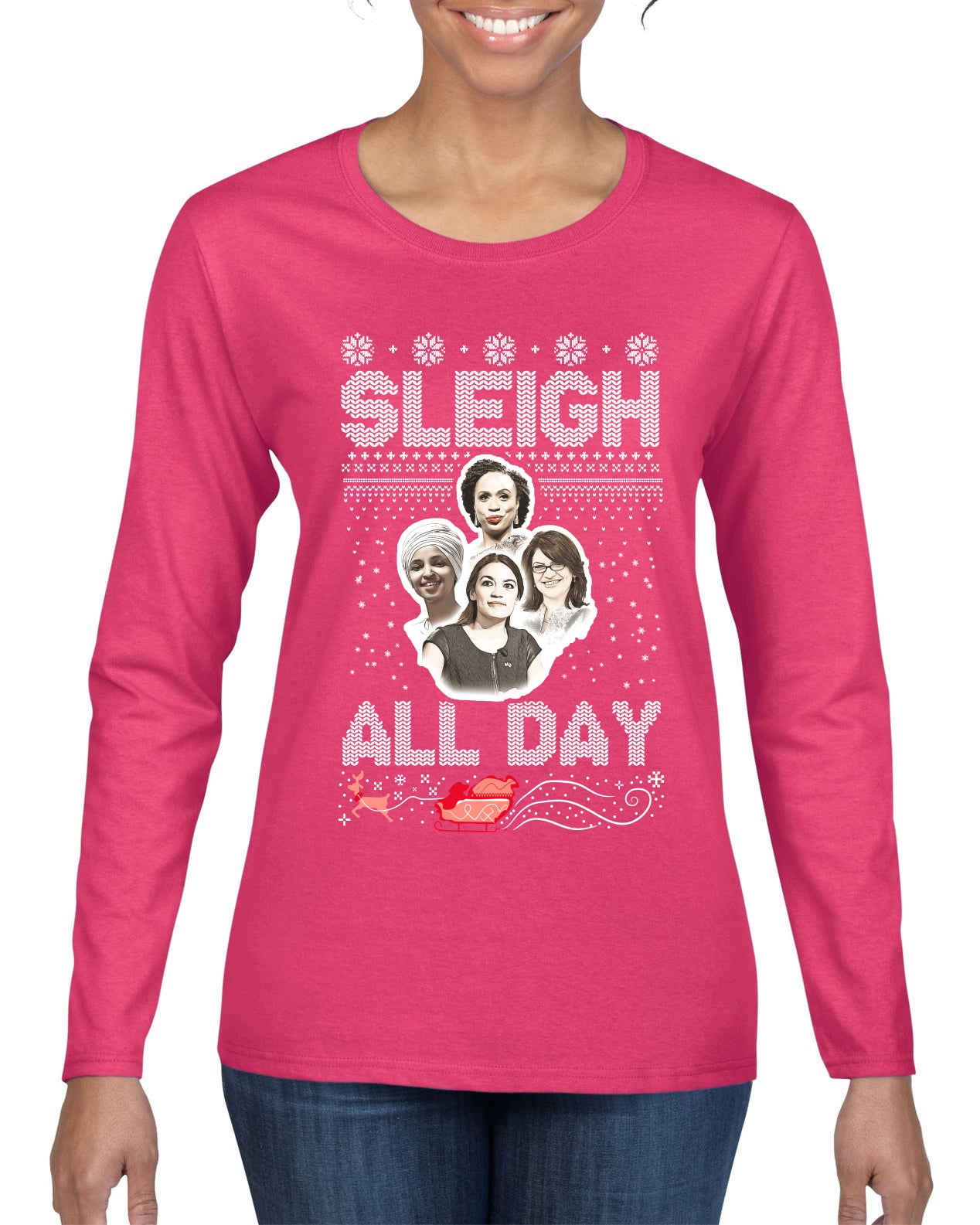 AOC The Squad Congresswomen Sleigh All Day Xmas Ugly Christmas Sweater Womens Graphic Long Sleeve T-Shirt