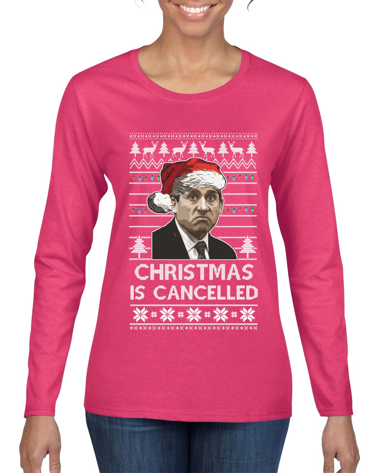 Christmas Is Cancelled Michael Scott Office Ugly Christmas Sweater Womens Graphic Long Sleeve T-Shirt