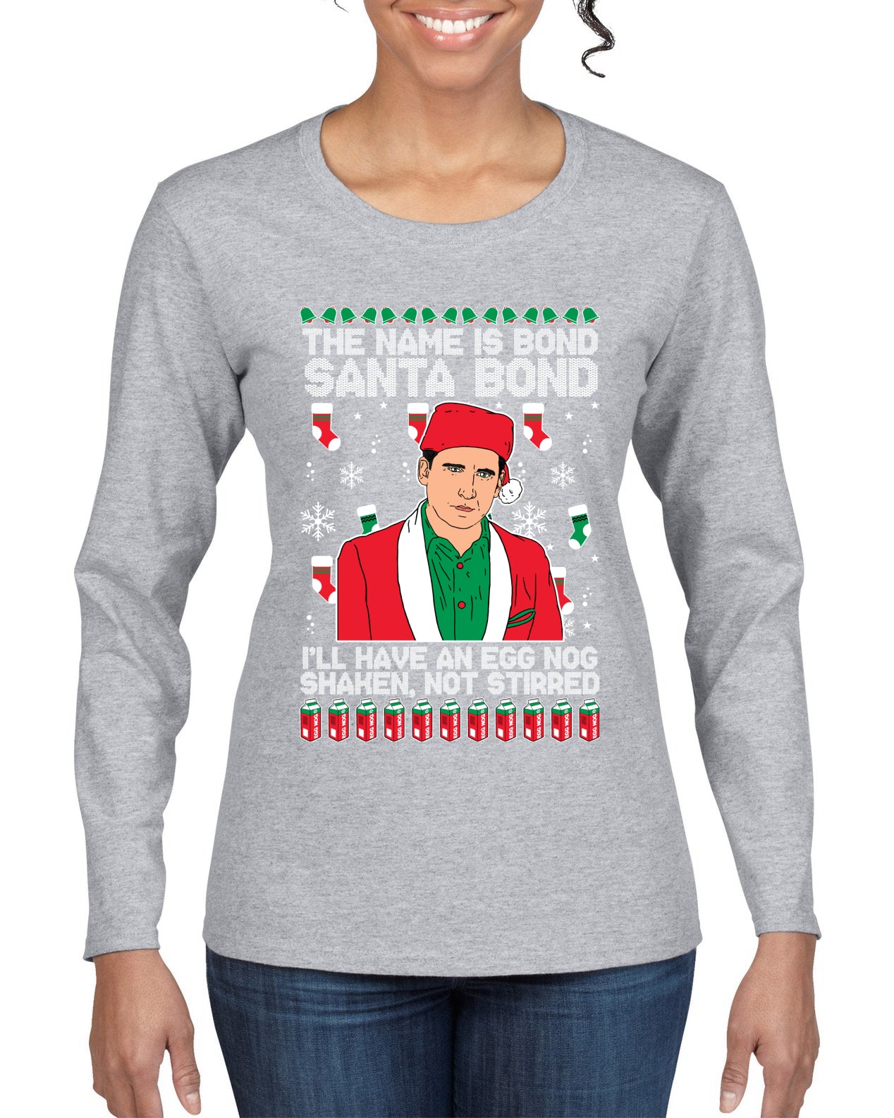 Michael Scott The Name is Bond Santa Bond Ugly Christmas Sweater Womens Graphic Long Sleeve T-Shirt