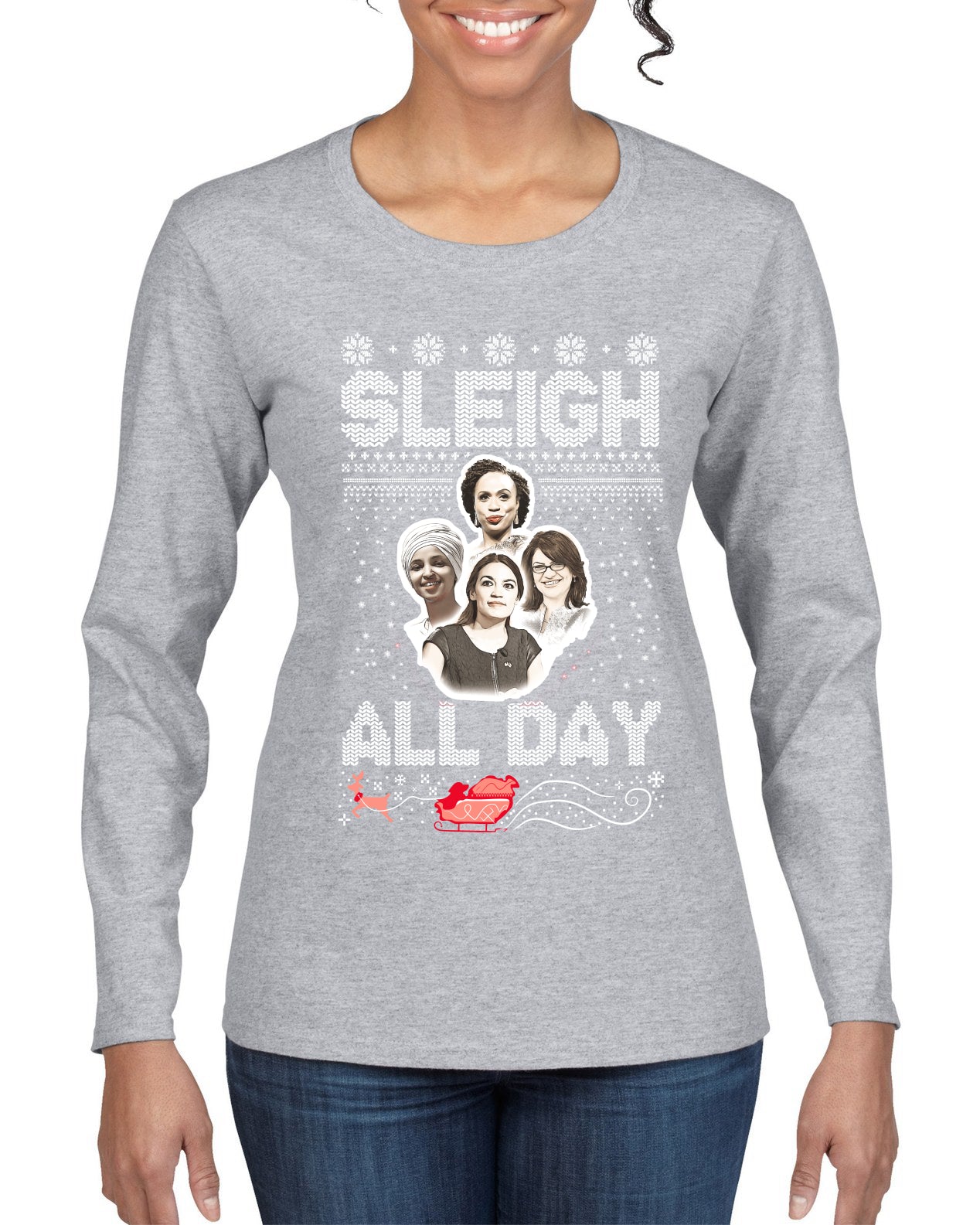 AOC The Squad Congresswomen Sleigh All Day Xmas Ugly Christmas Sweater Womens Graphic Long Sleeve T-Shirt