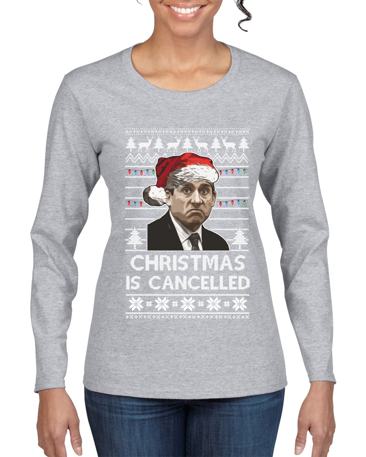 Christmas Is Cancelled Michael Scott Office Ugly Christmas Sweater Womens Graphic Long Sleeve T-Shirt