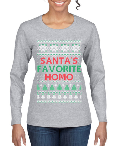 Santa's Favorite Homo Ugly Christmas Sweater Womens Graphic Long Sleeve T-Shirt