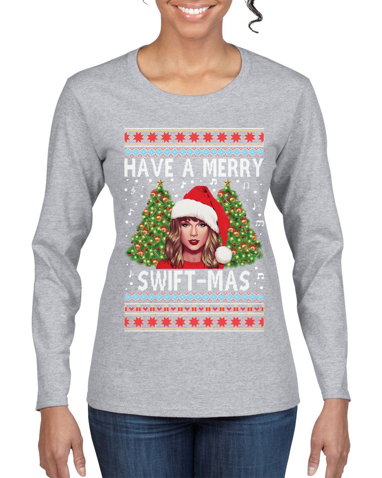 Merry Swiftmas Ugly Christmas Sweater Womens Graphic Long Sleeve T-Shirt