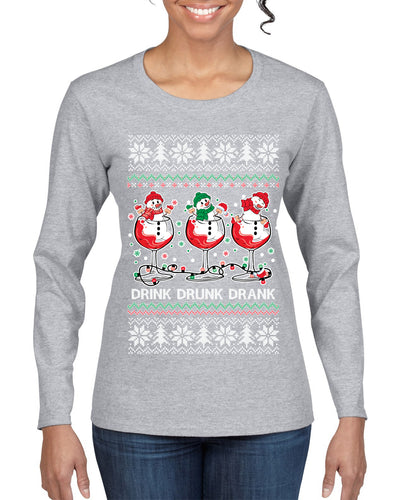 Holiday Spirits Drink Drank Drunk Snowmen Ugly Christmas Sweater Womens Graphic Long Sleeve T-Shirt