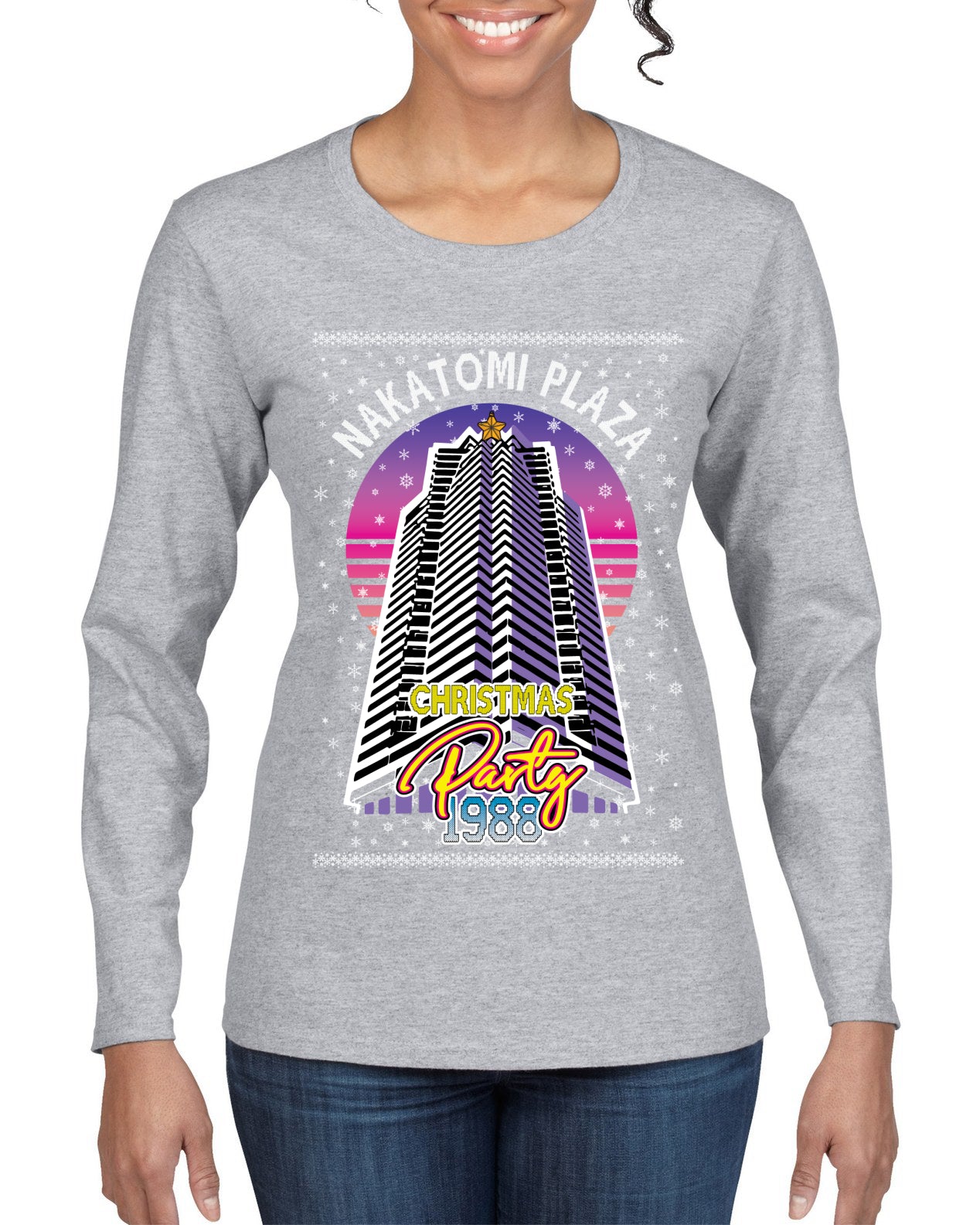 Retro Nakatomi Plaza 1988 Holiday Party Ugly Christmas Sweater Womens Graphic Long Sleeve T-Shirt