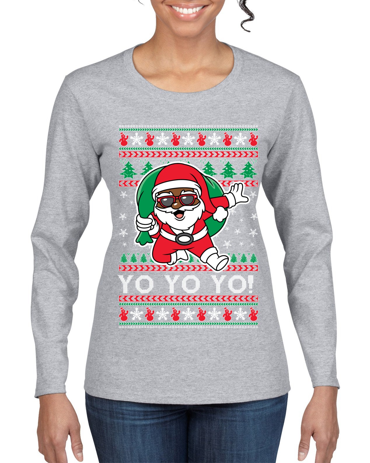Yo Yo Yo Black Santa Ugly Christmas Sweater Womens Graphic Long Sleeve T-Shirt