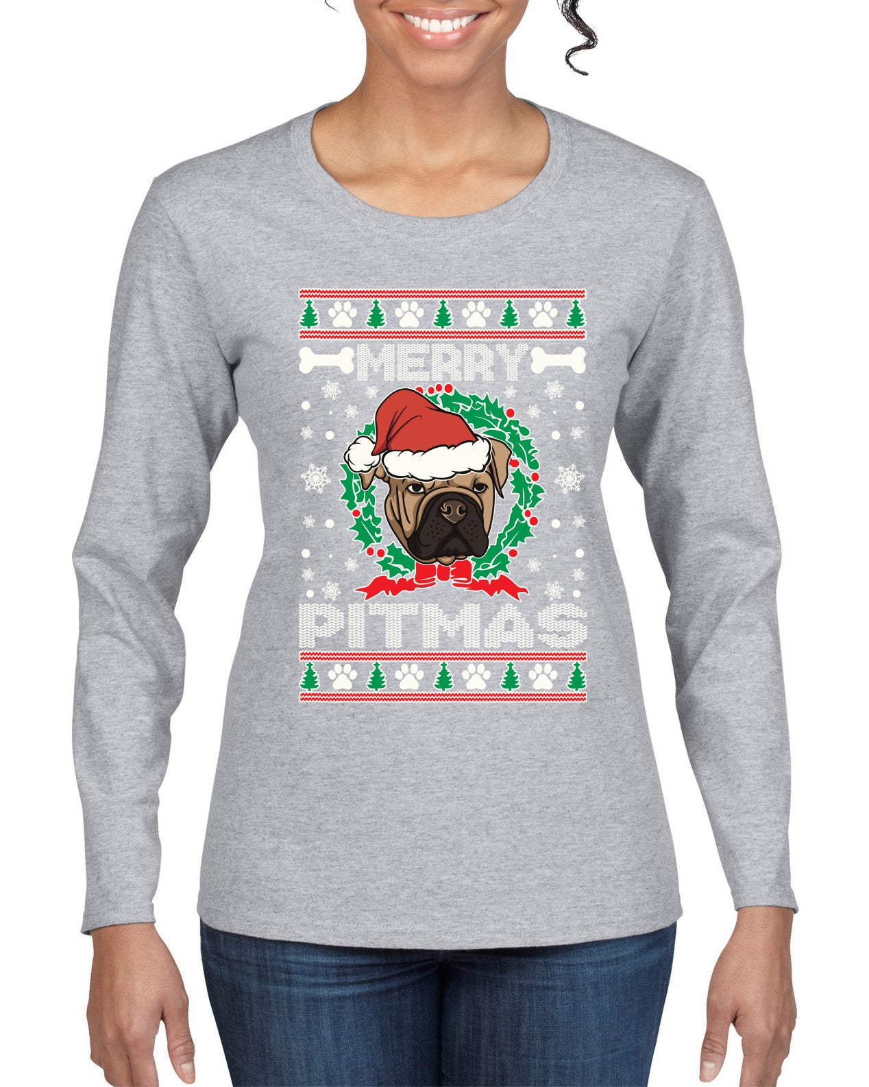 Merry Pitmas Christmas Womens Graphic Long Sleeve T-Shirt