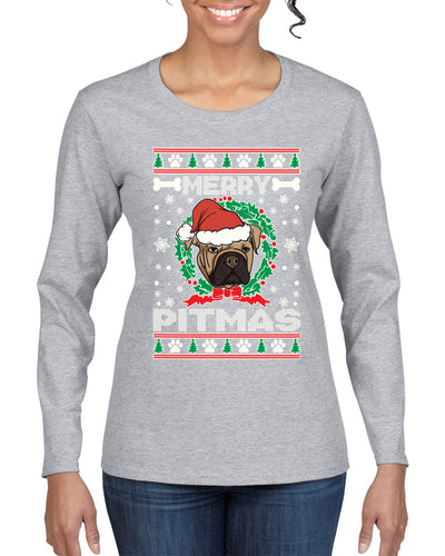 Merry Pitmas Christmas Womens Graphic Long Sleeve T-Shirt