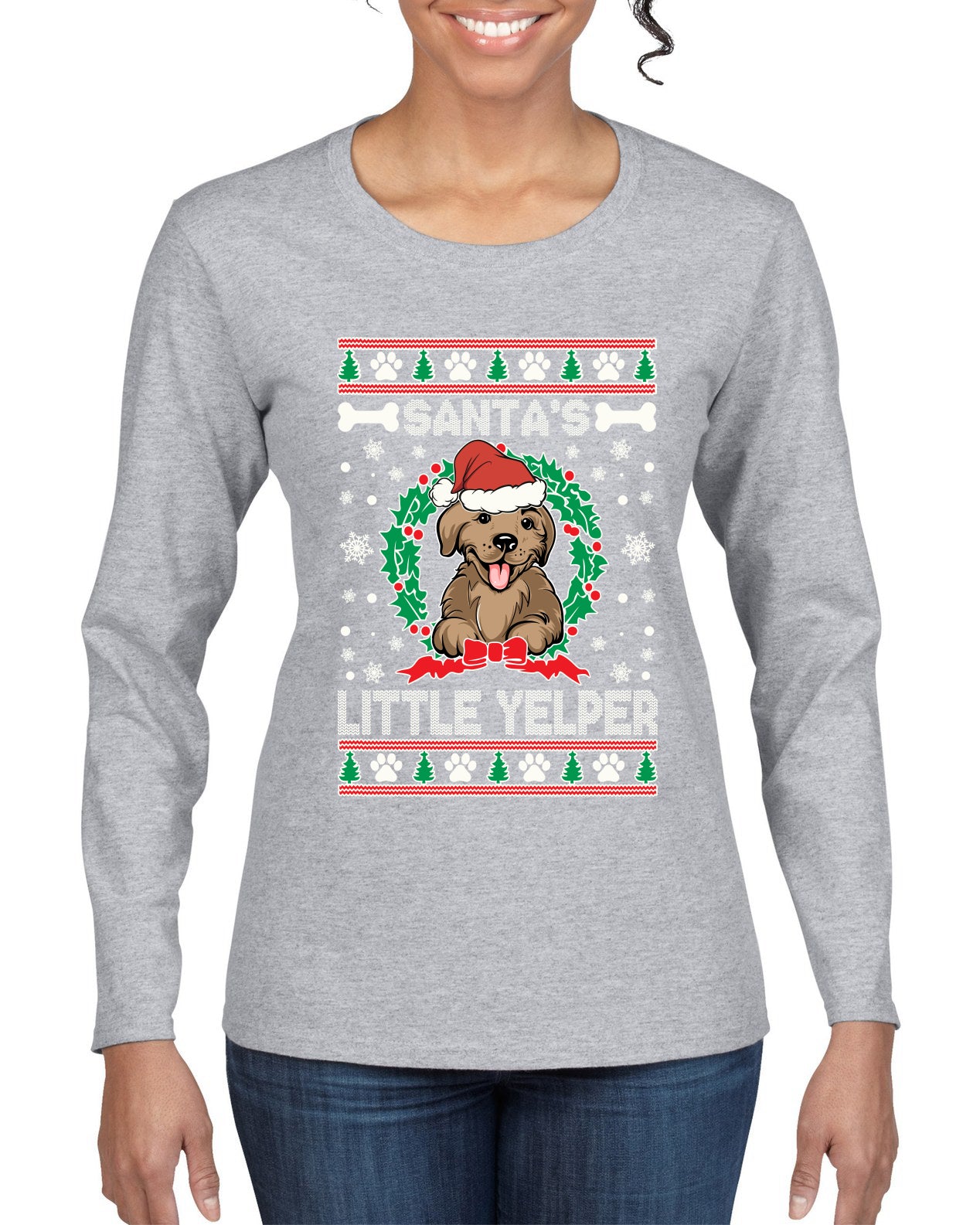 Santa's Little Yelper Christmas Womens Graphic Long Sleeve T-Shirt