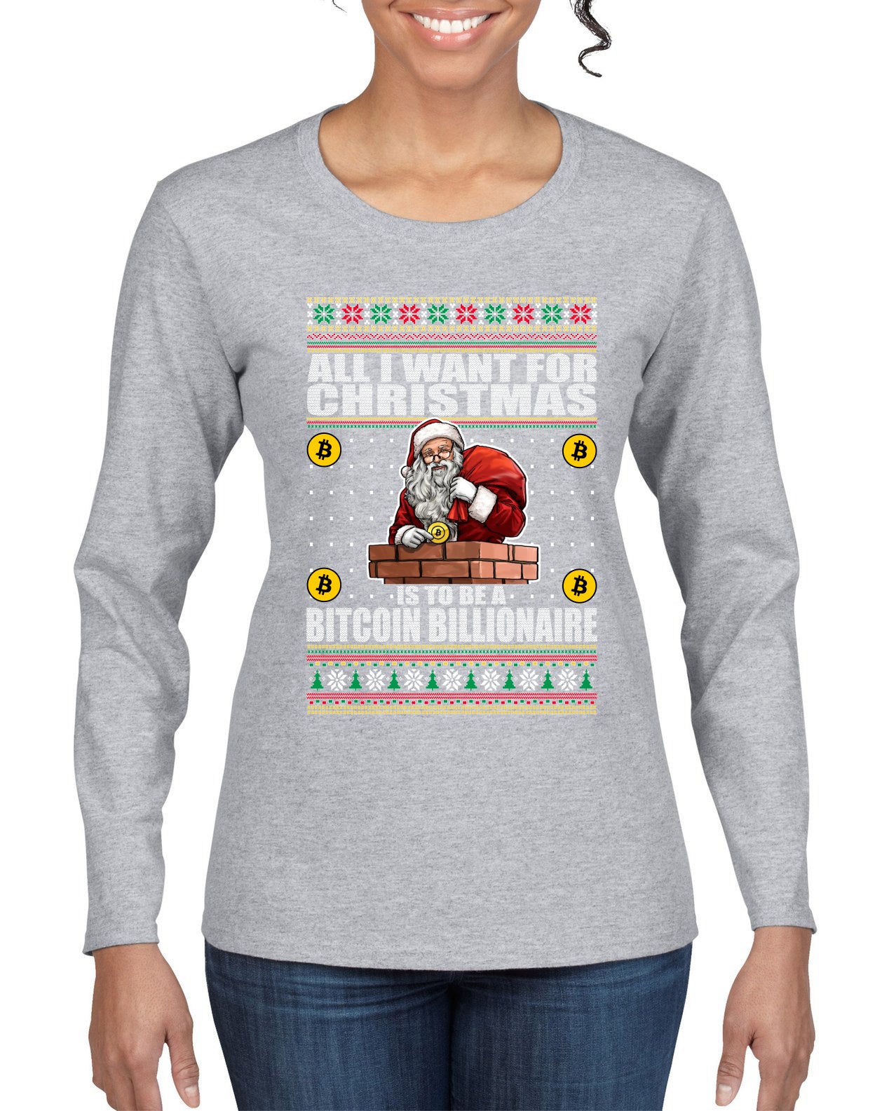 Bitcoin Billionaire For Christmas Christmas Womens Graphic Long Sleeve T-Shirt