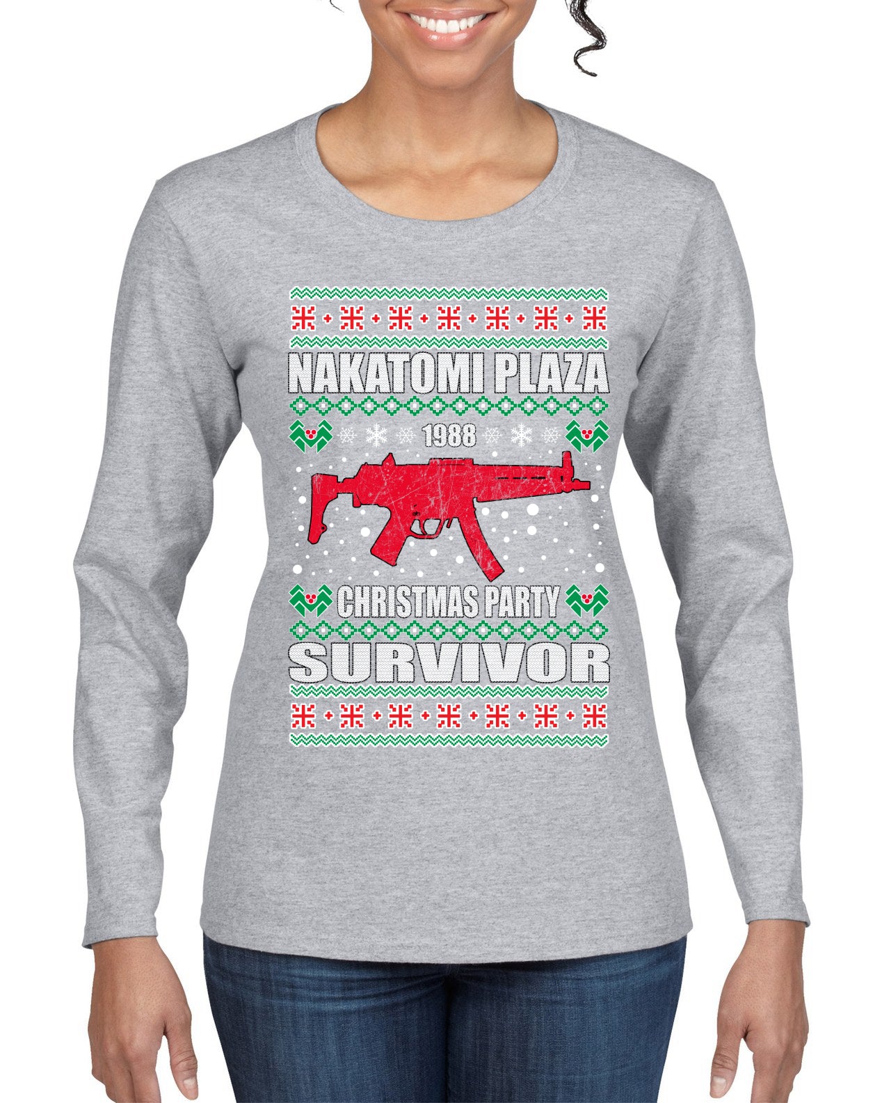 Nakatomi Plaza Christmas Party Survivor Ugly Christmas Sweater Womens Graphic Long Sleeve T-Shirt
