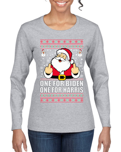 One For Biden One For Harris Santa Ugly Christmas Sweater Womens Graphic Long Sleeve T-Shirt