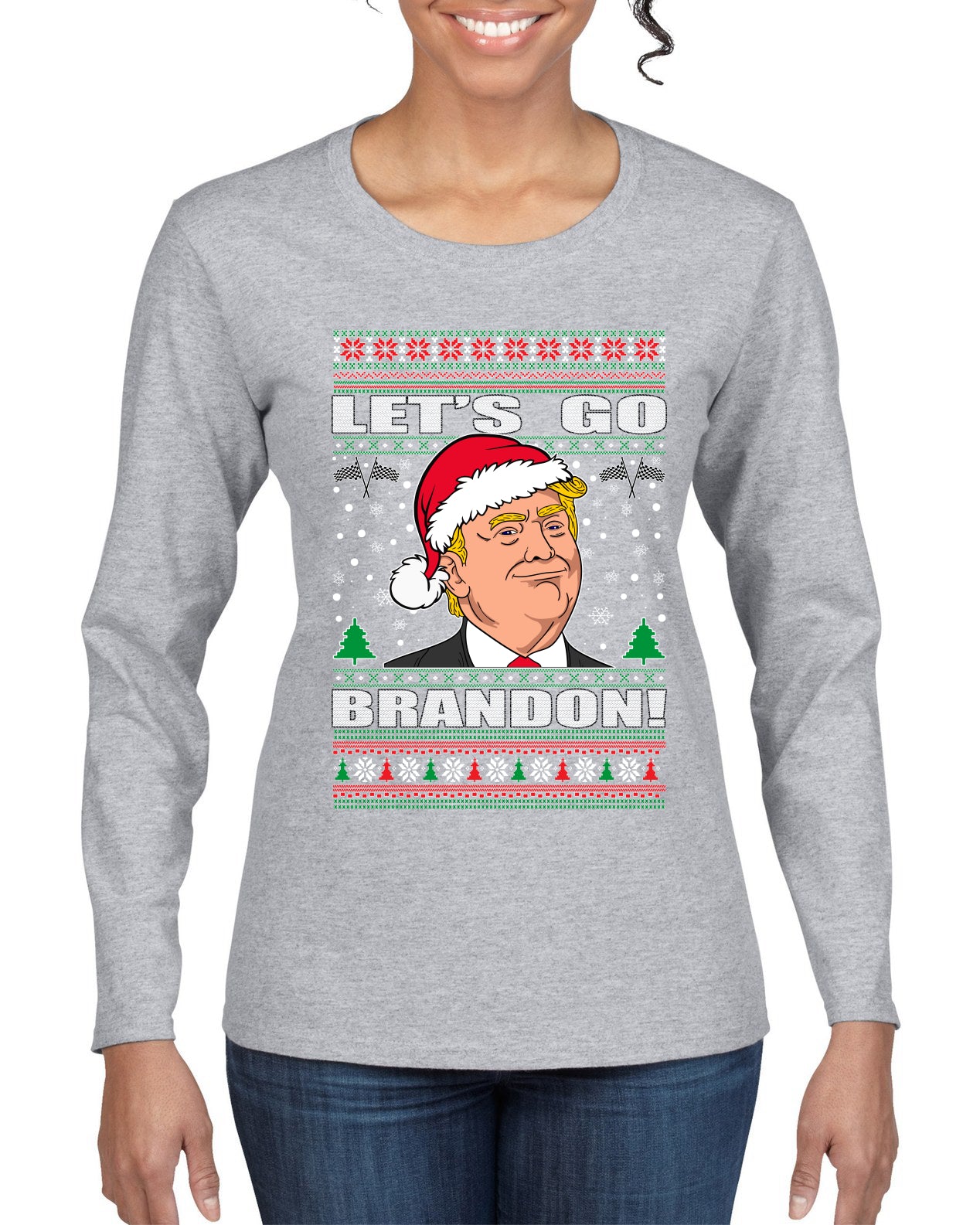 Let's Go Brandon Funny Santa Hat Ugly Christmas Sweater Womens Graphic Long Sleeve T-Shirt