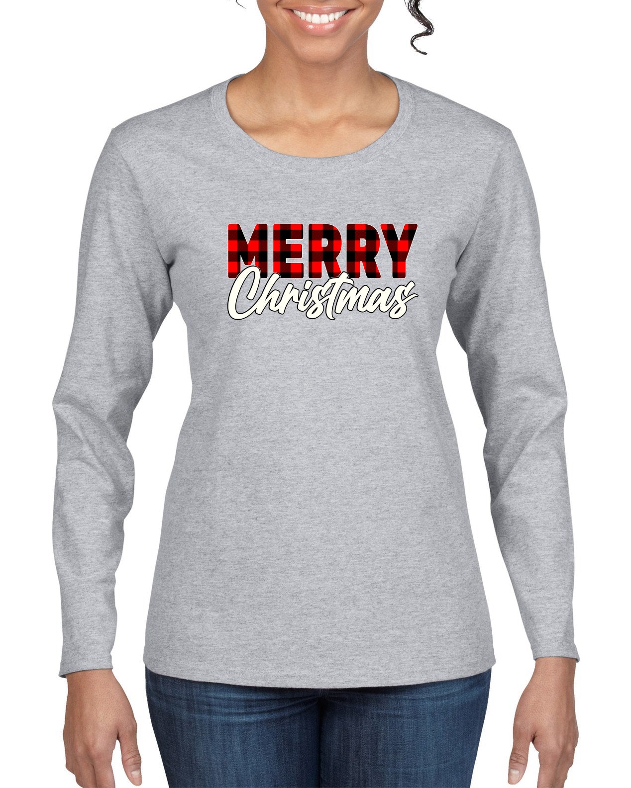 Merry Christmas Buffalo Plaid Christmas Womens Graphic Long Sleeve T-Shirt