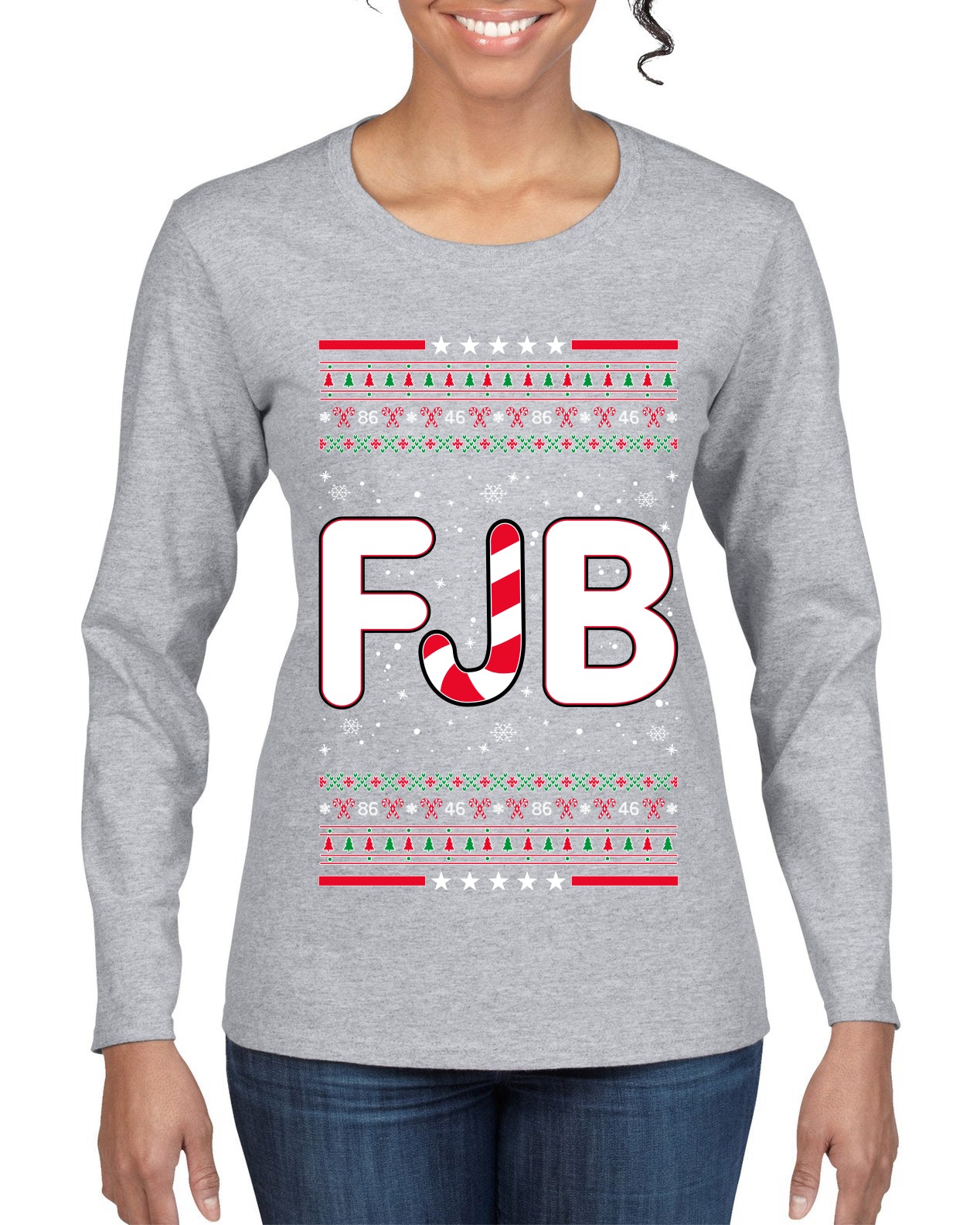 FJB Let's Go Brandon Chant Candy Cane Ugly Christmas Sweater Womens Graphic Long Sleeve T-Shirt