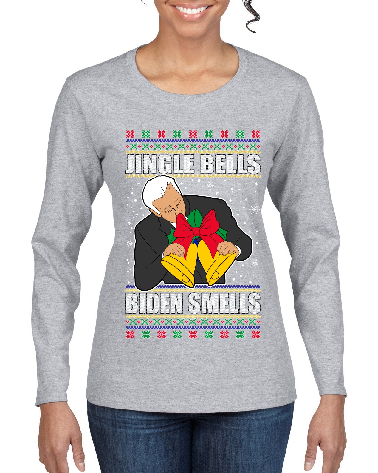 Jingle Bells Biden Smells Ugly Christmas Sweater Womens Graphic Long Sleeve T-Shirt