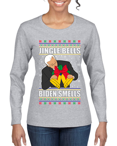 Jingle Bells Biden Smells Ugly Christmas Sweater Womens Graphic Long Sleeve T-Shirt