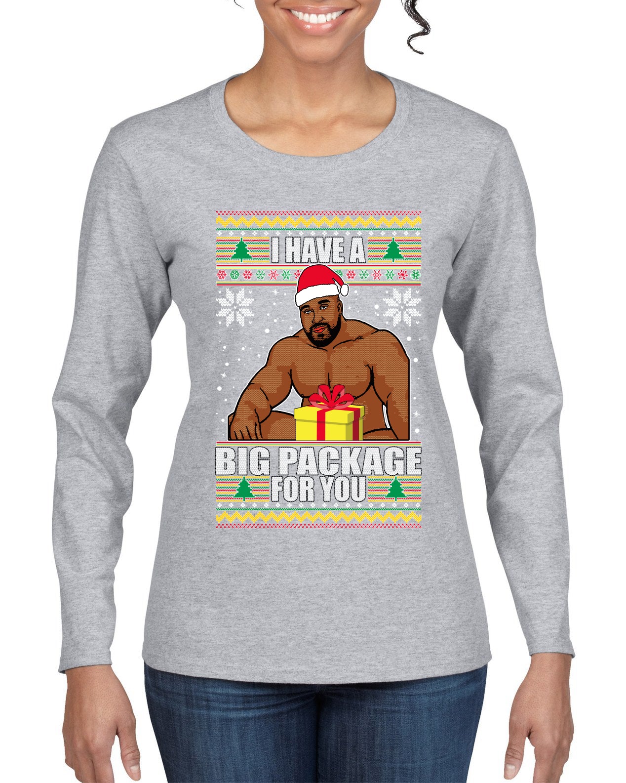 I Have A Big Package Meme Barry Wood Ugly Christmas Sweater Womens Graphic Long Sleeve T-Shirt