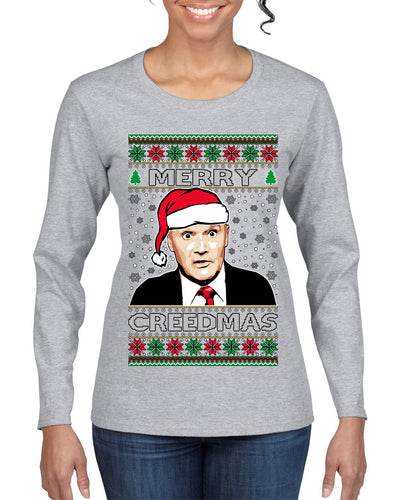 Merry Creedmas Office Humor TV  Ugly Christmas Sweater Womens Graphic Long Sleeve T-Shirt