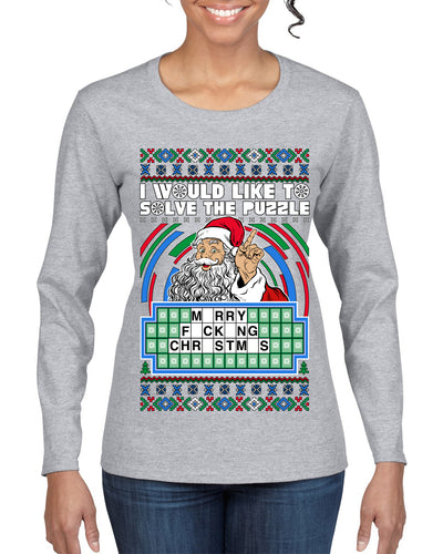 Santa Game Show I'd Like To Solve the Puzzle Wheel Ugly Christmas Sweater Womens Graphic Long Sleeve T-Shirt