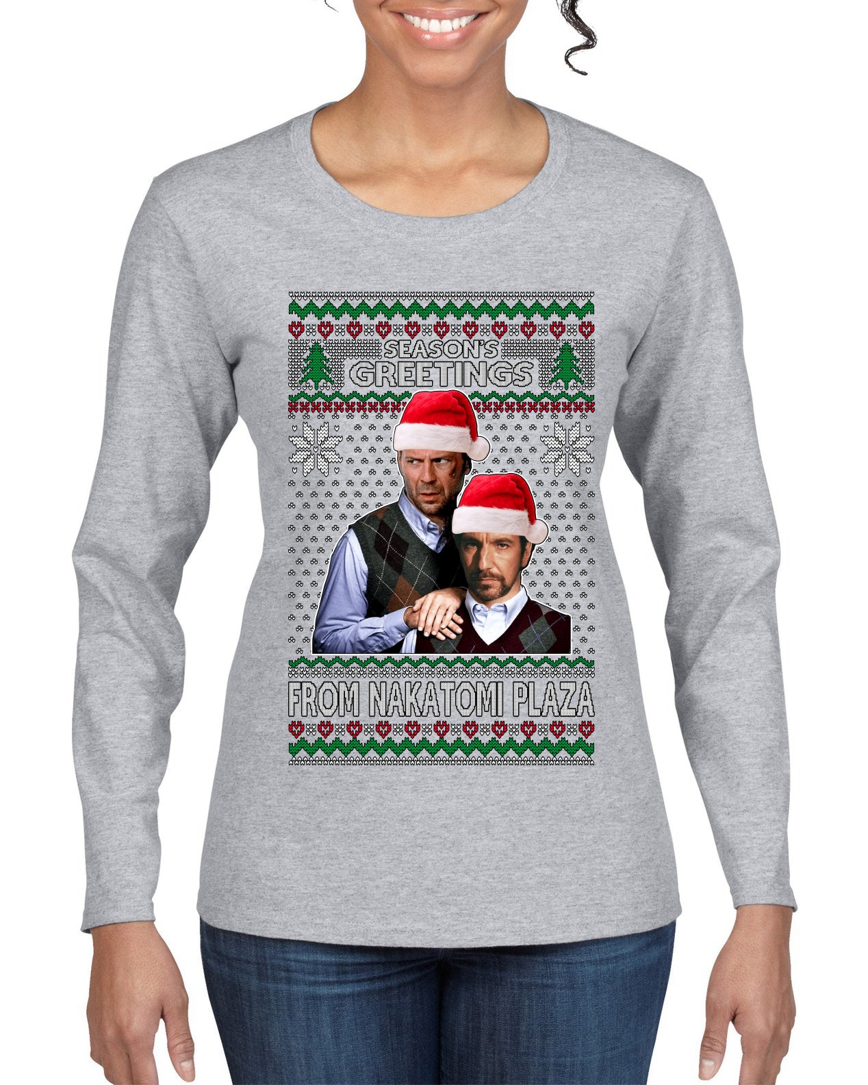 Season's Greeting From Nakatomi Plaza Ugly Christmas Sweater Womens Graphic Long Sleeve T-Shirt