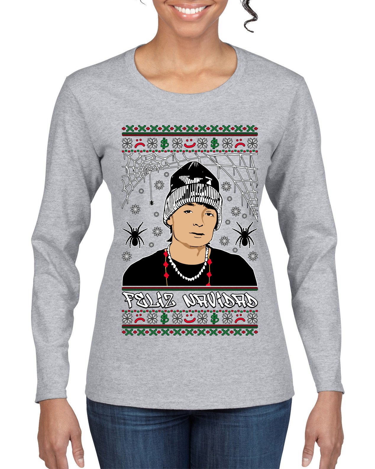 Peso Feliz Navidad Pluma Ugly Christmas Sweater Womens Graphic Long Sleeve T-Shirt