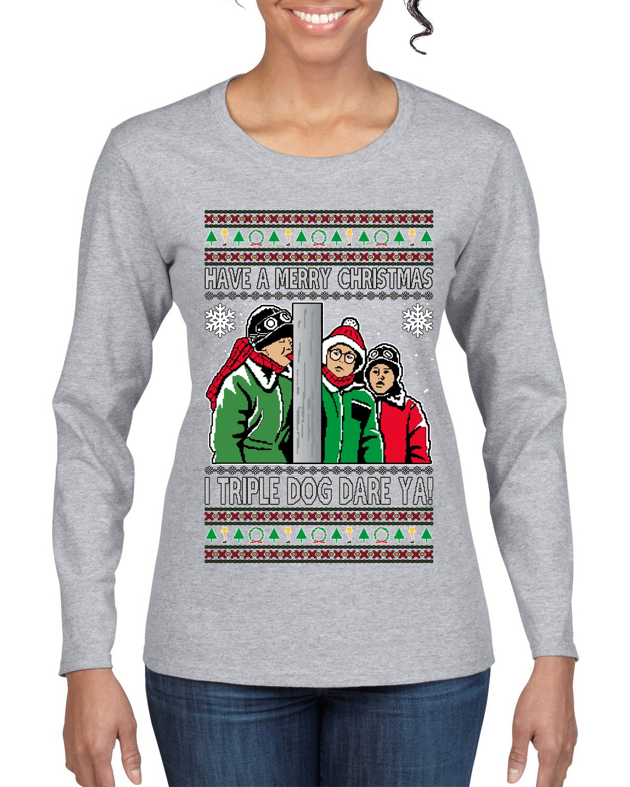 I Triple Dog Dare Ya Merry Story Ugly Christmas Sweater Womens Graphic Long Sleeve T-Shirt