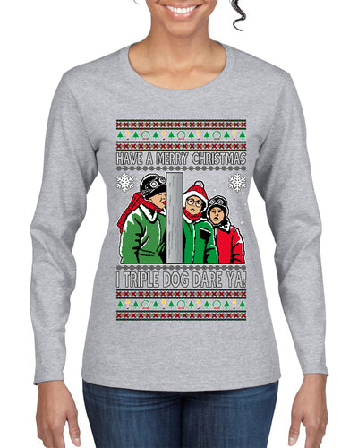 I Triple Dog Dare Ya Merry Story Ugly Christmas Sweater Womens Graphic Long Sleeve T-Shirt