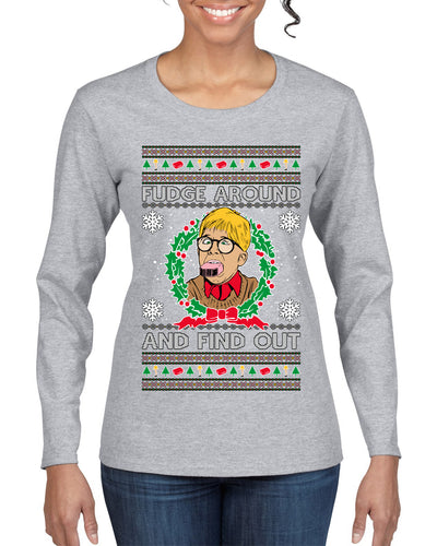 Fudge Around And Find Out Story Ugly Christmas Sweater Womens Graphic Long Sleeve T-Shirt
