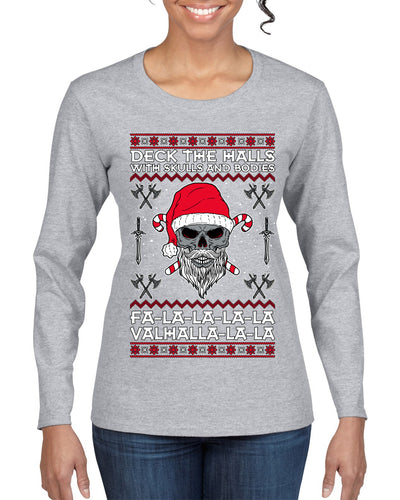Valhalla Deck The Halls With Skulls & Bodies Ugly Christmas Sweater Womens Graphic Long Sleeve T-Shirt