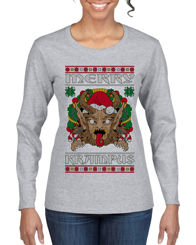 Merry Krampus Santa Folklore Figure Horror Ugly Christmas Sweater Womens Graphic Long Sleeve T-Shirt