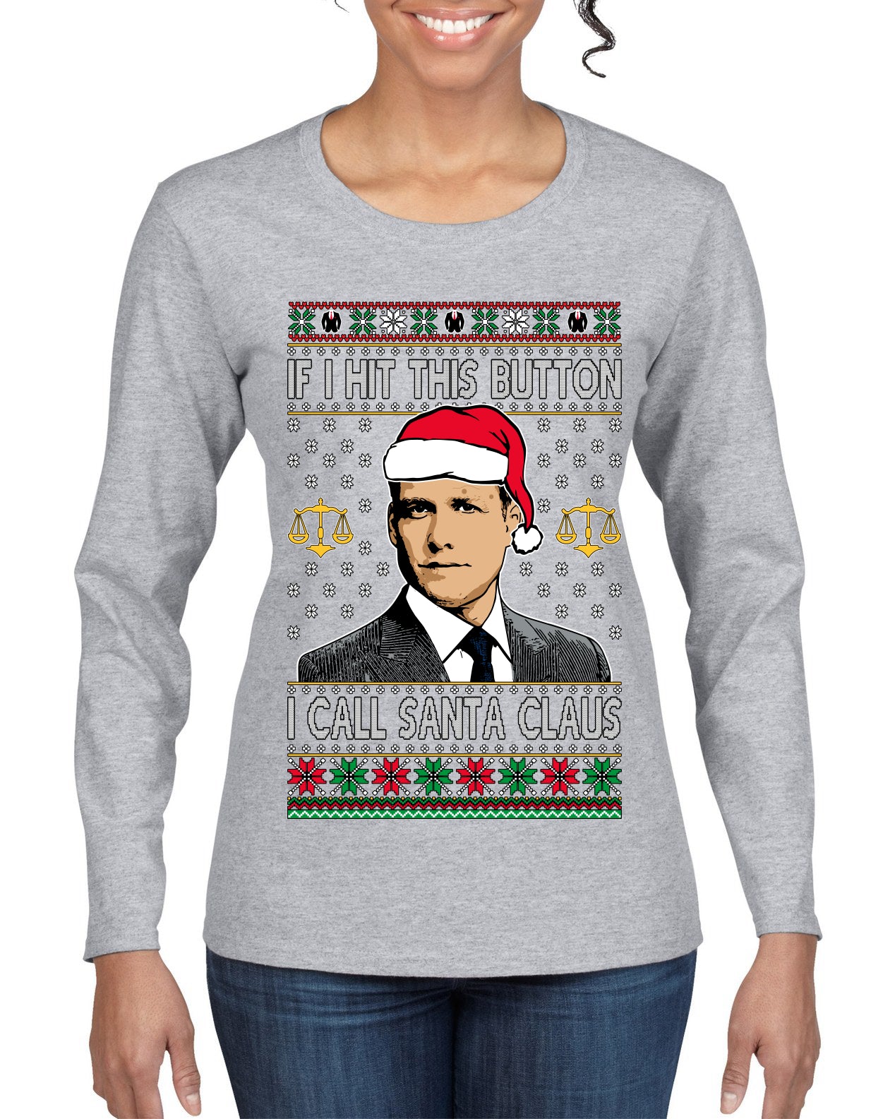 Harvey Hit This Button I Call Santa Specter TV Show Parody Ugly Christmas Sweater Womens Graphic Long Sleeve T-Shirt