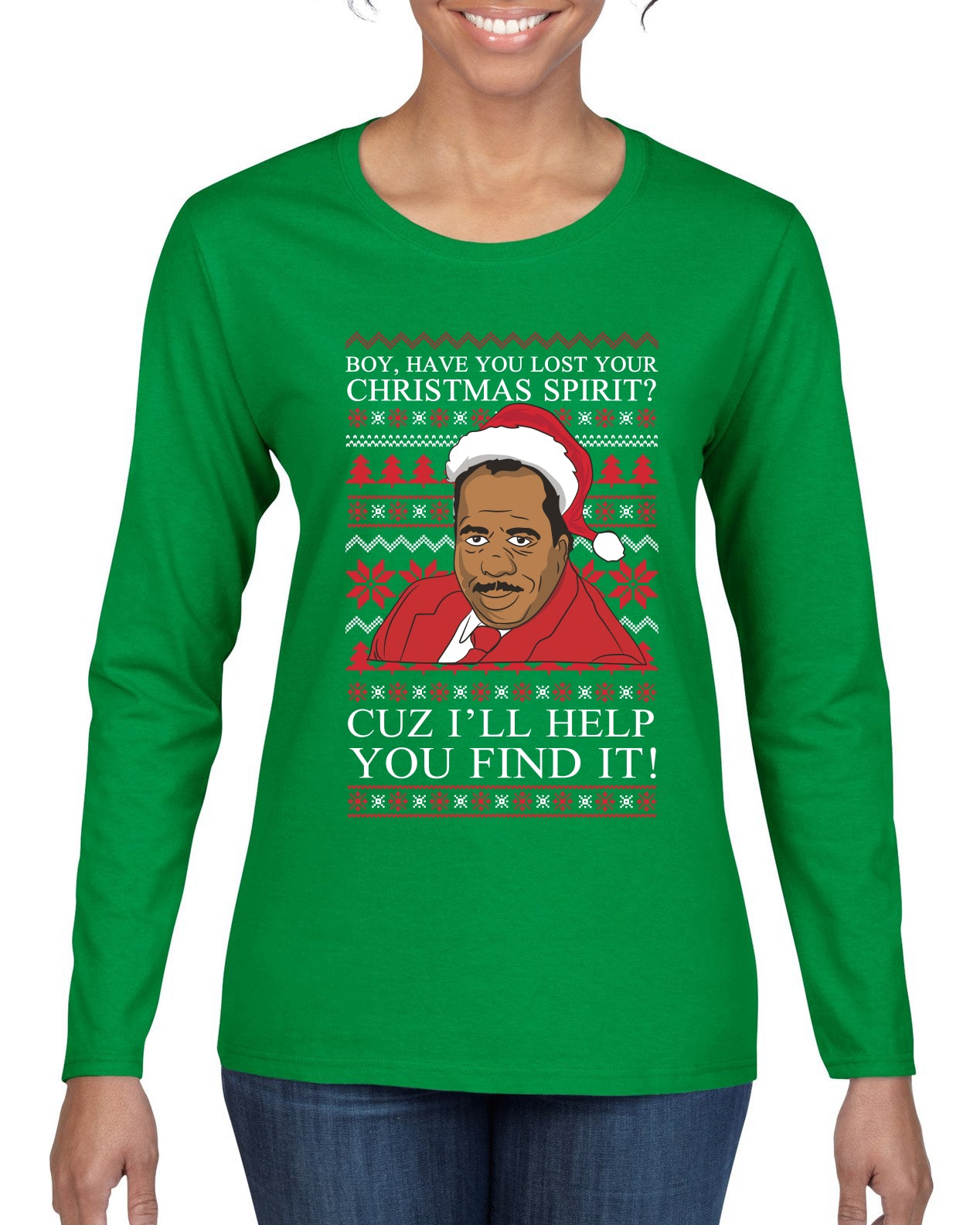 Christmas Spirit I'll Help You Find It Stanley Hudson Ugly Christmas Sweater Womens Graphic Long Sleeve T-Shirt