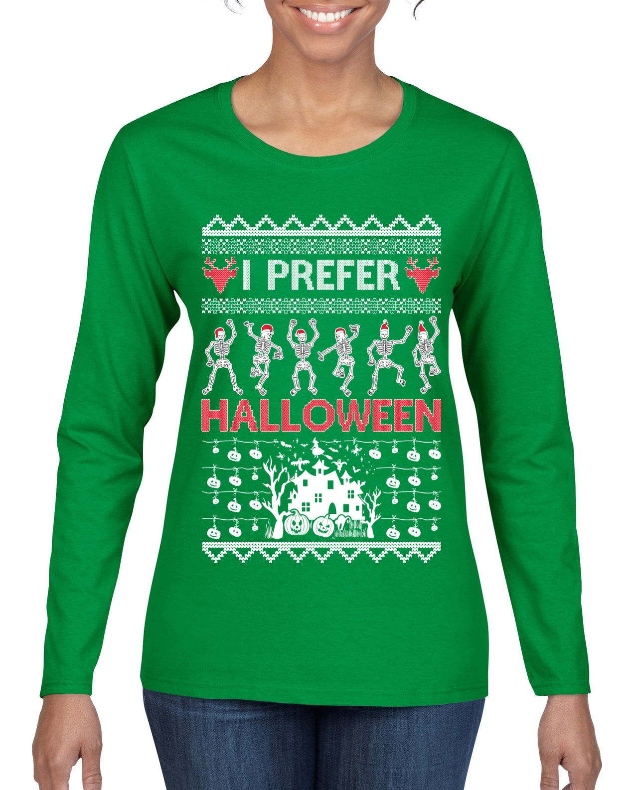 I Prefer Halloween Dancing Skeletons Ugly Christmas Sweater Womens Graphic Long Sleeve T-Shirt