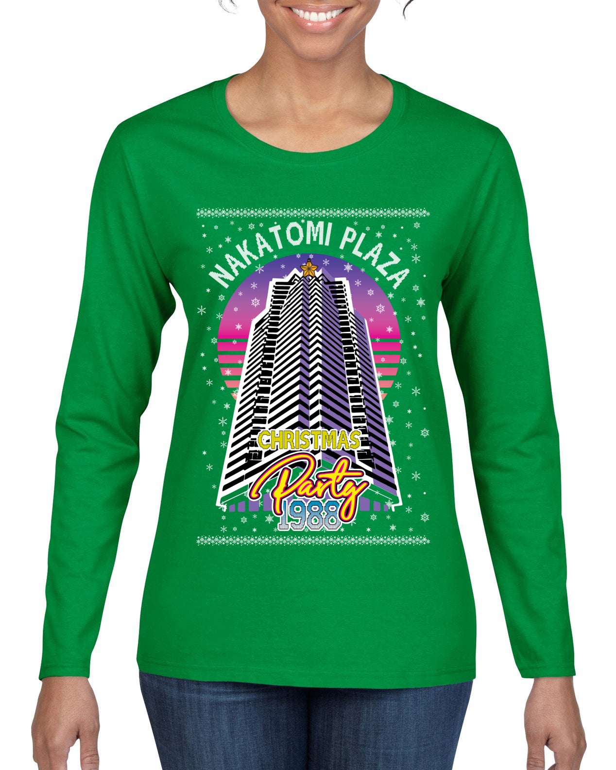 Retro Nakatomi Plaza 1988 Holiday Party Ugly Christmas Sweater Womens Graphic Long Sleeve T-Shirt