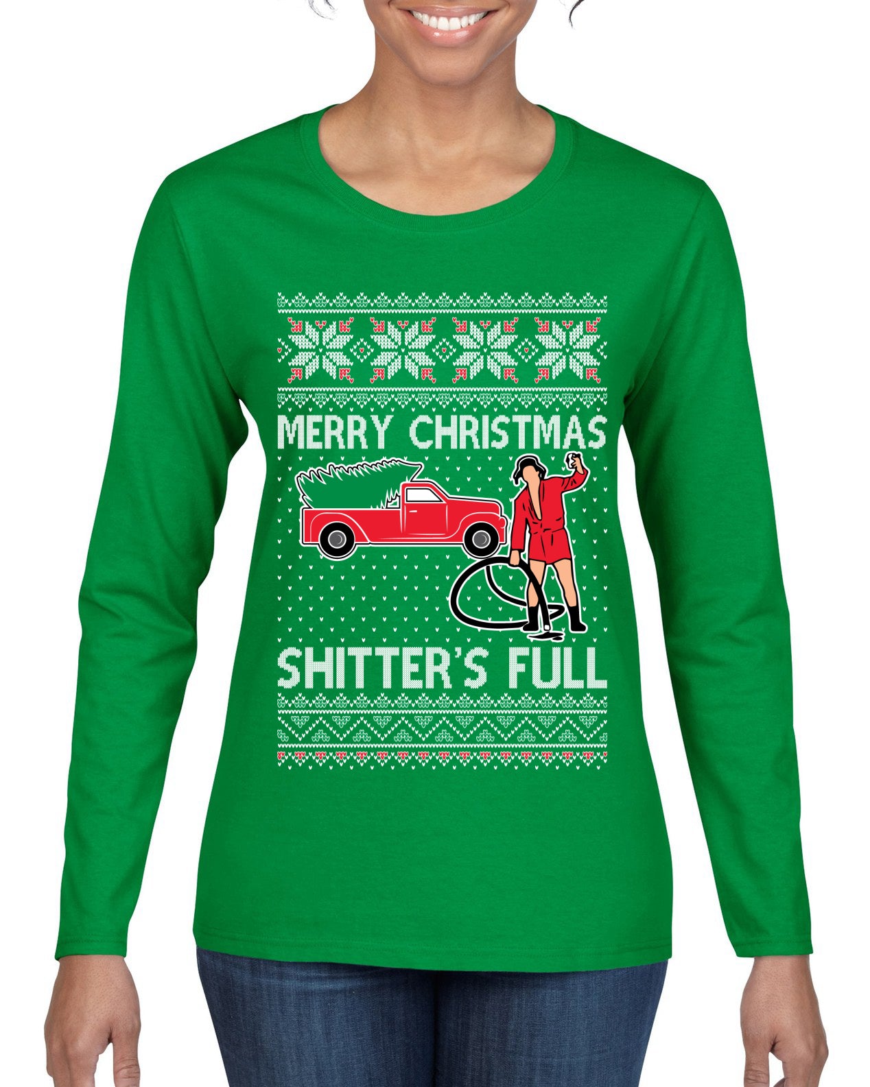 Cousin Eddie Merry Christmas Shitter's Full Ugly Christmas Sweater Womens Graphic Long Sleeve T-Shirt