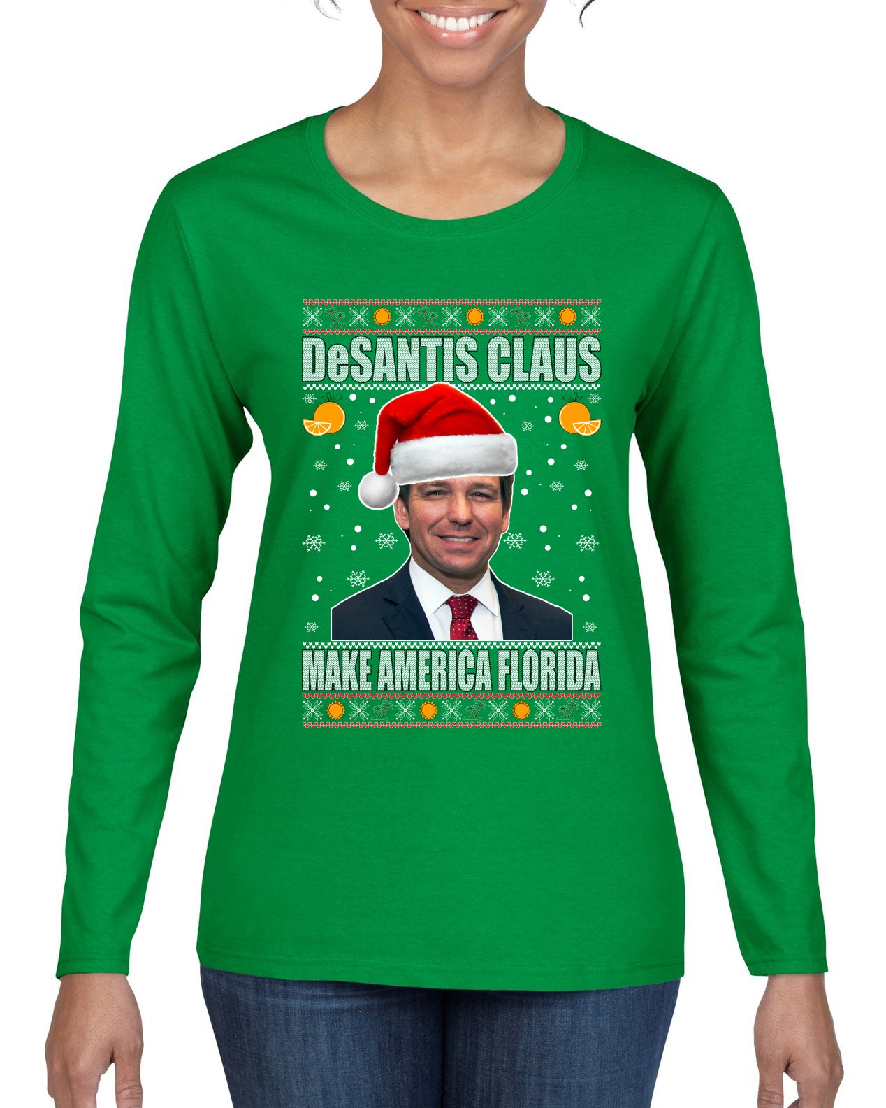 DeSantis Claus Ugly Christmas Sweater Womens Graphic Long Sleeve T-Shirt