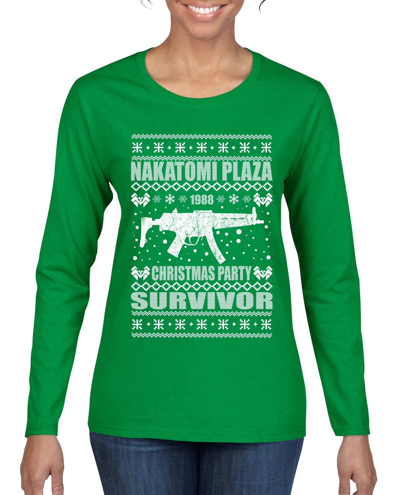Nakatomi Plaza Christmas Party Survivor 1988 Ugly Christmas Sweater Womens Graphic Long Sleeve T-Shirt