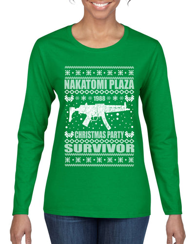 Nakatomi Plaza Christmas Party Survivor 1988 Ugly Christmas Sweater Womens Graphic Long Sleeve T-Shirt
