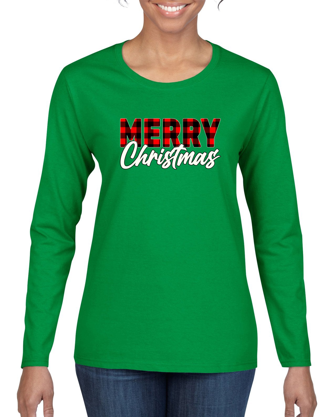 Merry Christmas Buffalo Plaid Christmas Womens Graphic Long Sleeve T-Shirt