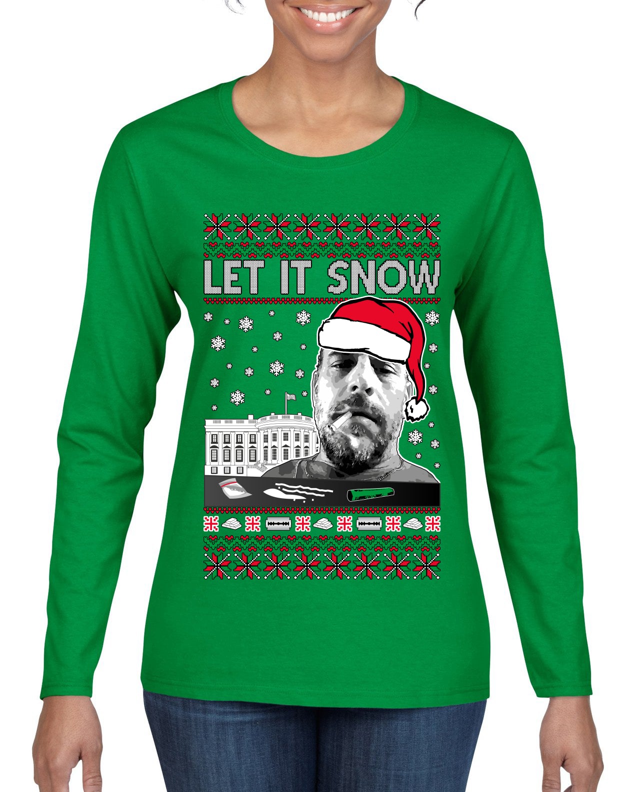 Hunter Let It Snow Biden Ugly Christmas Sweater Womens Graphic Long Sleeve T-Shirt