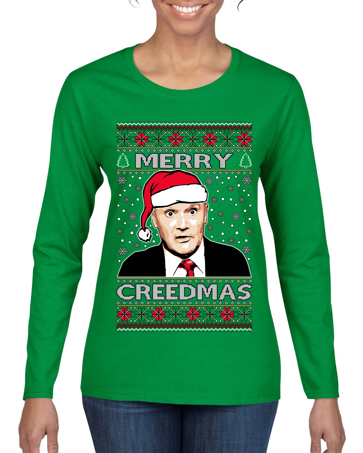 Merry Creedmas Office Humor TV  Ugly Christmas Sweater Womens Graphic Long Sleeve T-Shirt