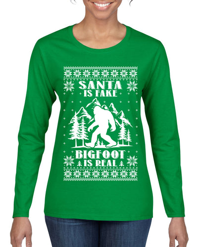 Santa Is Fake Bigfoot Is Real Ugly Christmas Sweater Womens Graphic Long Sleeve T-Shirt
