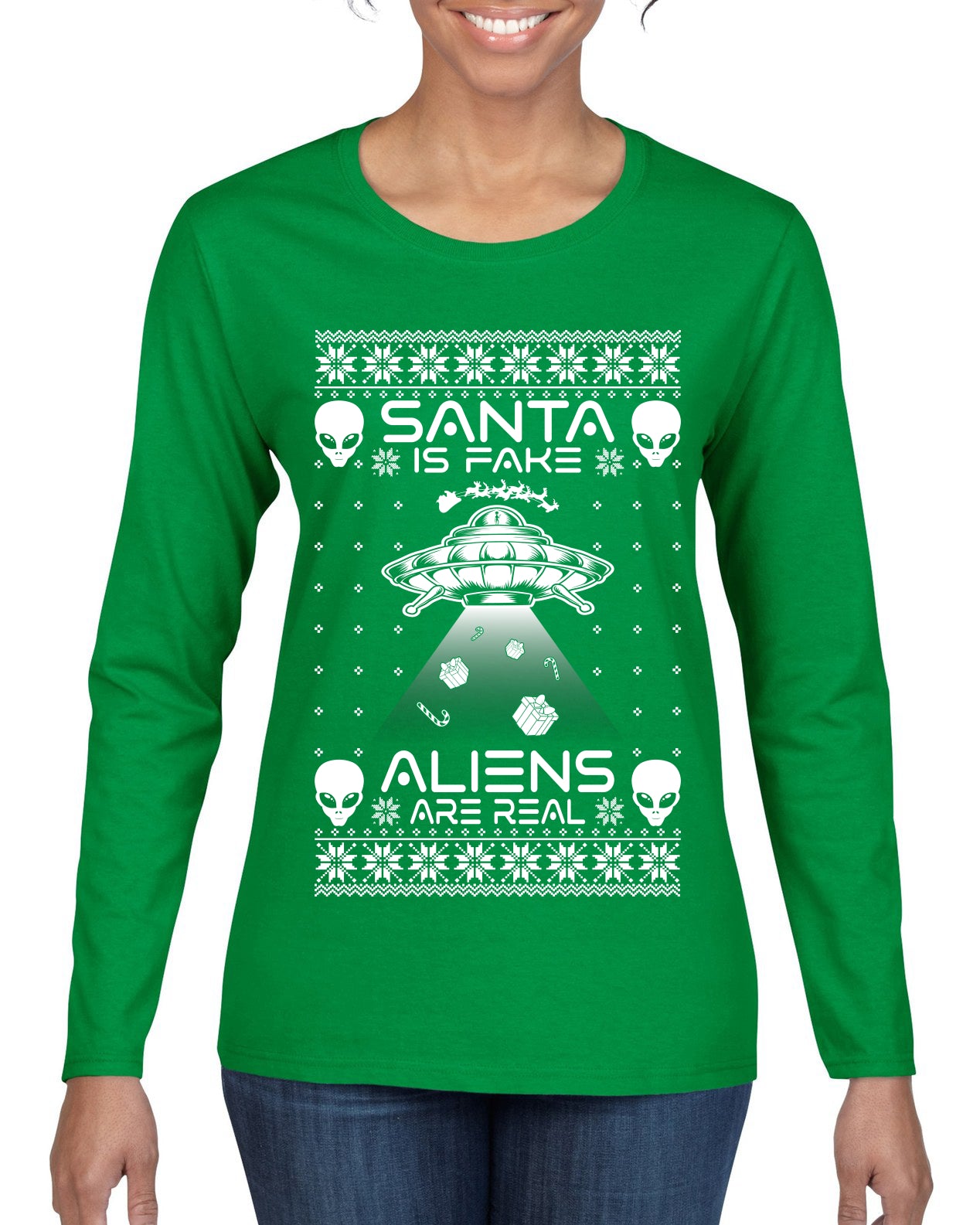 Santa Is Fake Aliens Are Real Ugly Christmas Sweater Womens Graphic Long Sleeve T-Shirt