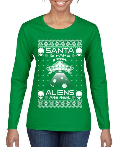 Santa Is Fake Aliens Are Real Ugly Christmas Sweater Womens Graphic Long Sleeve T-Shirt