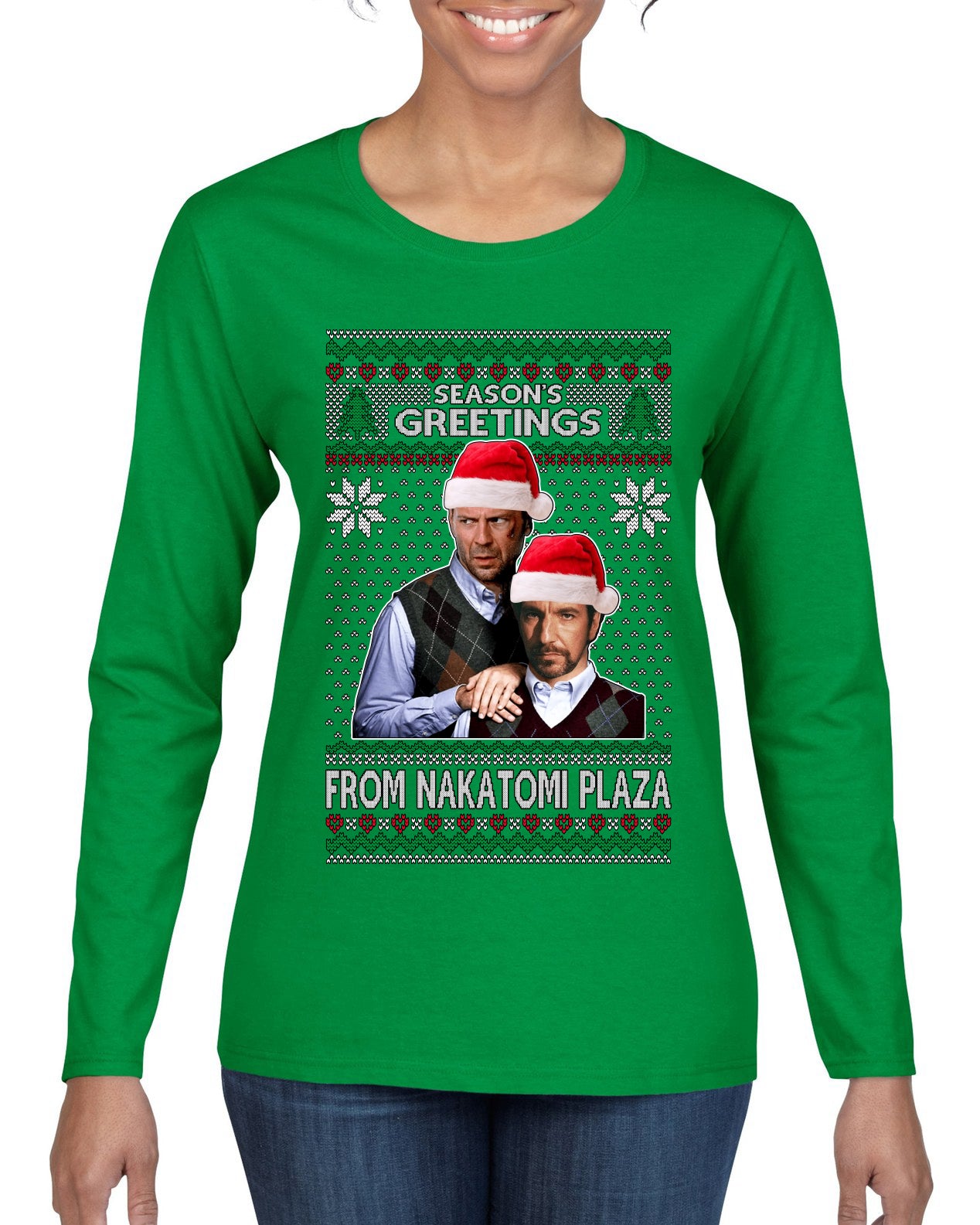 Season's Greeting From Nakatomi Plaza Ugly Christmas Sweater Womens Graphic Long Sleeve T-Shirt