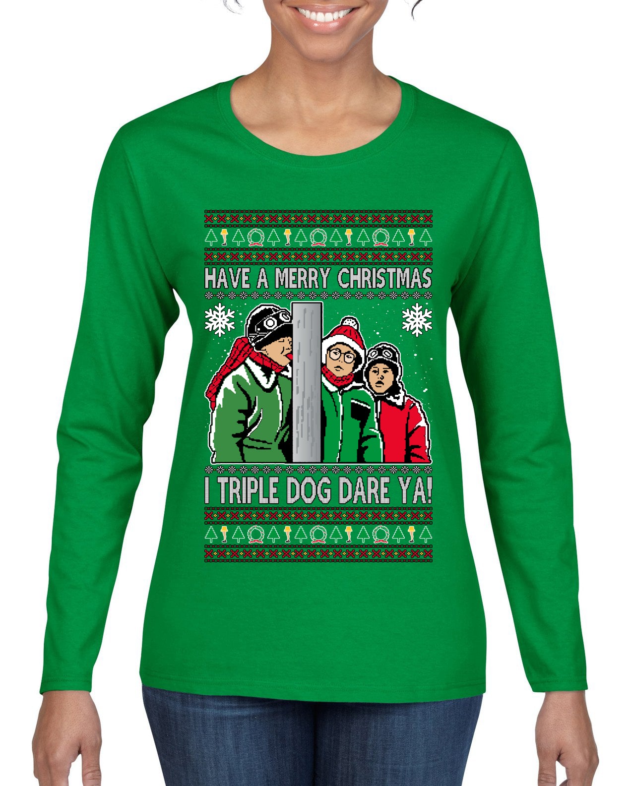 I Triple Dog Dare Ya Merry Story Ugly Christmas Sweater Womens Graphic Long Sleeve T-Shirt