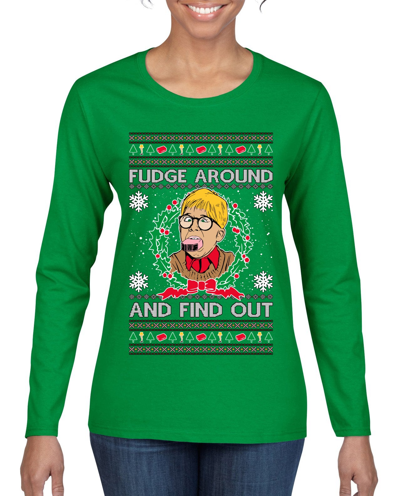 Fudge Around And Find Out Story Ugly Christmas Sweater Womens Graphic Long Sleeve T-Shirt